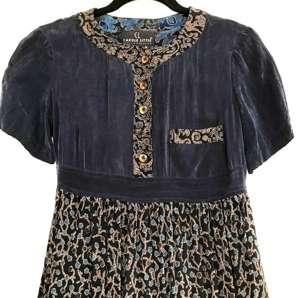 SOLD!! Carole Little Petite 4 Navy Blue Velvet Rayon Paisley Short Sleeve Dress - Picture 2 of 7